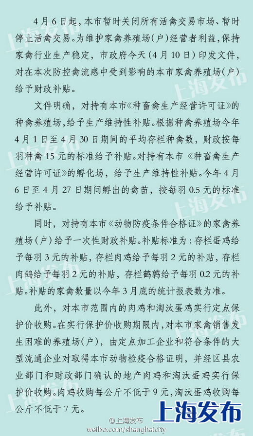 上海受防控影响养殖户将获补贴 0.2至15元\/羽不