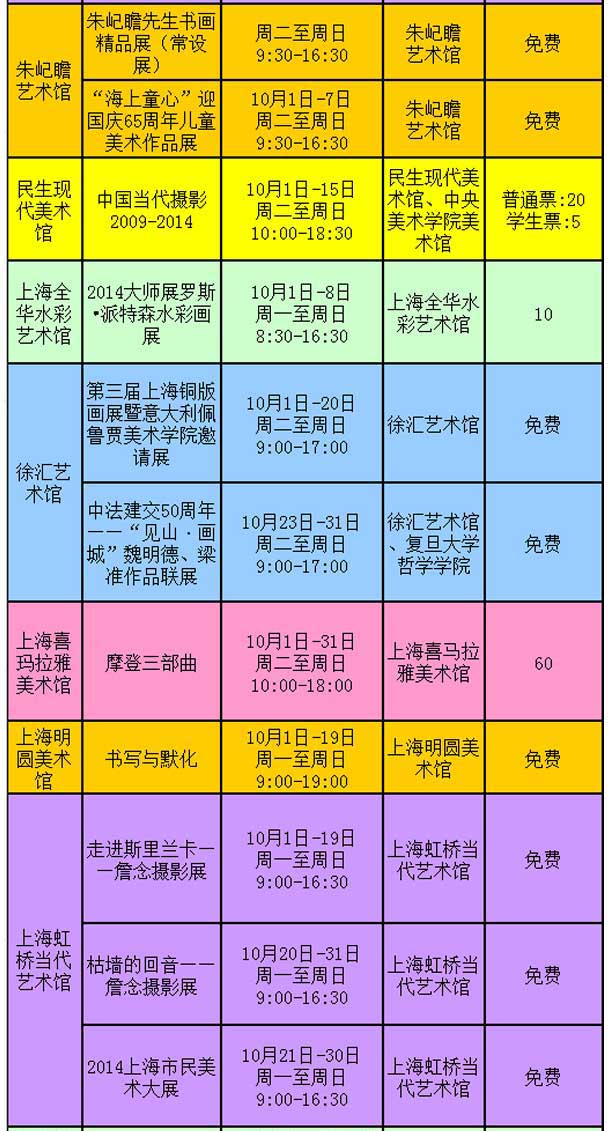 10月上海艺术展览不完全表单 新华网上海频道