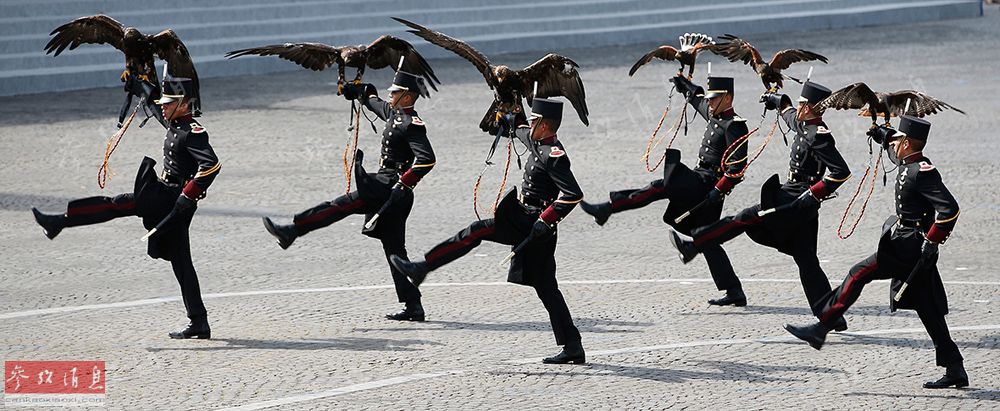 法国阅兵亮点多:士兵玩鹰 美女添彩